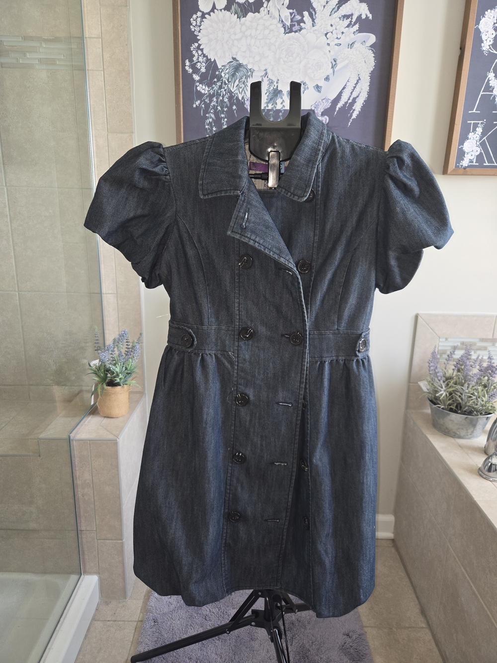 Dark Blue Denim Puff Sleeve Double-Breasted Mini Bubble Dress